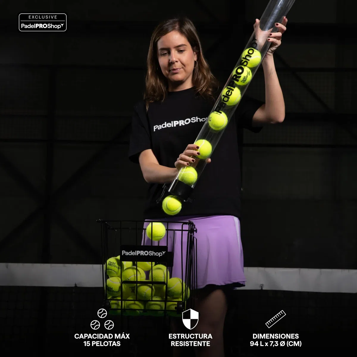 Padel Pro Shop Tubo Recogepelotas de Pádel Transparente 2026 - Recogedor de Pelotas con Capacidad para 15 Bolas, Diseño Ergonómico y Resistente para Entrenamiento Profesional