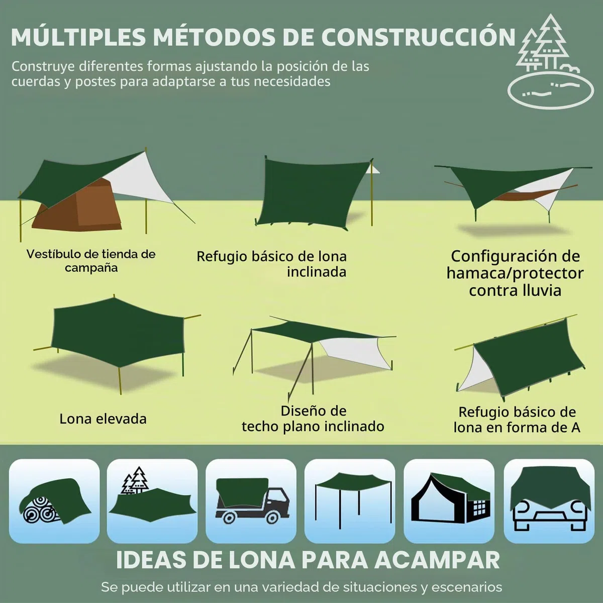 Toldo de Refugio Camping 3x3M, Tienda de Campaña Tarp Impermeable con 6 Cuerdas + 6 Clavos de Tierra + 2 Bolsa de Guarda, Lona Toldo Camping para Vivac, Picnic, Playa, Hamaca, Furgoneta