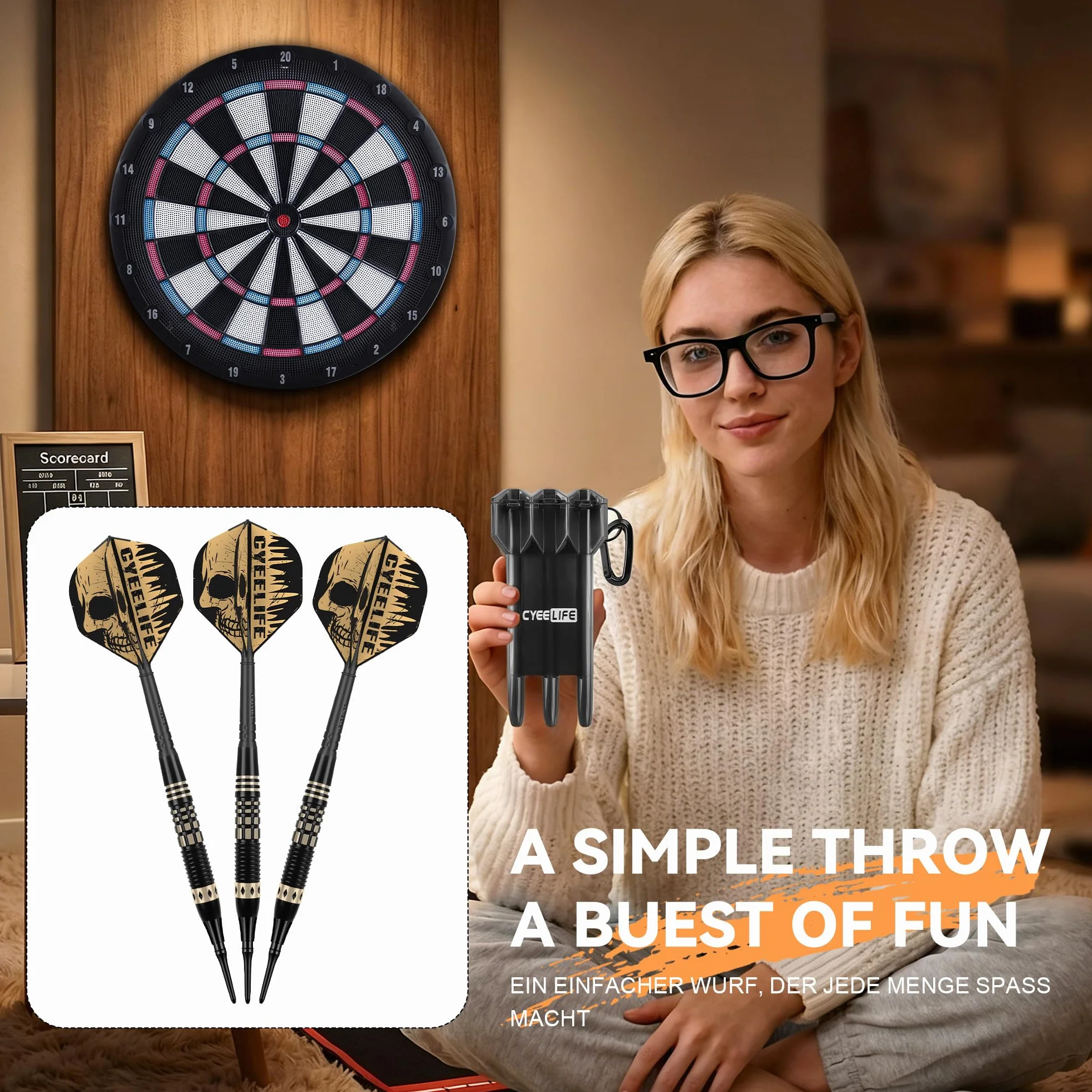 CyeeLife Dardos de punta blanda con funda de transporte de regalo, punta de plástico profesional con barril de latón + 3 aletas de dardo integradas y 30 puntas de plástico, juego de dardos de punta
