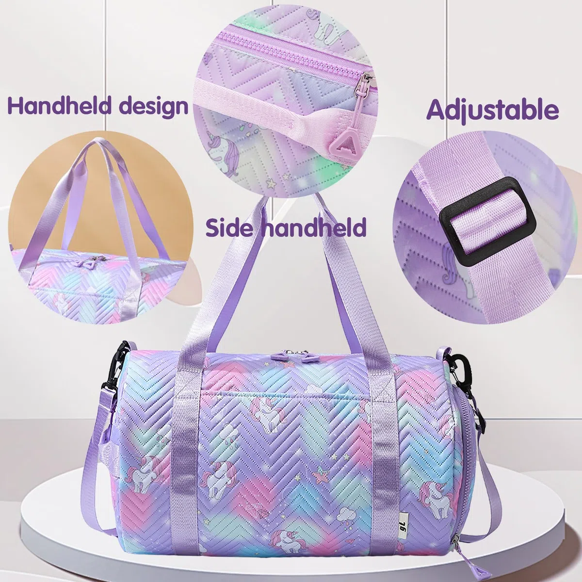 YOUYIKE Bolsa de Viaje Chica, 25 L Bolsa Deporte Niña Unicornio, Grande Travel Bag Fin de Semana, Bolsa de Natación para Playa, Bolsa Deporte con Compartimento Zapatos y Bolsillo Húmedo, Morado