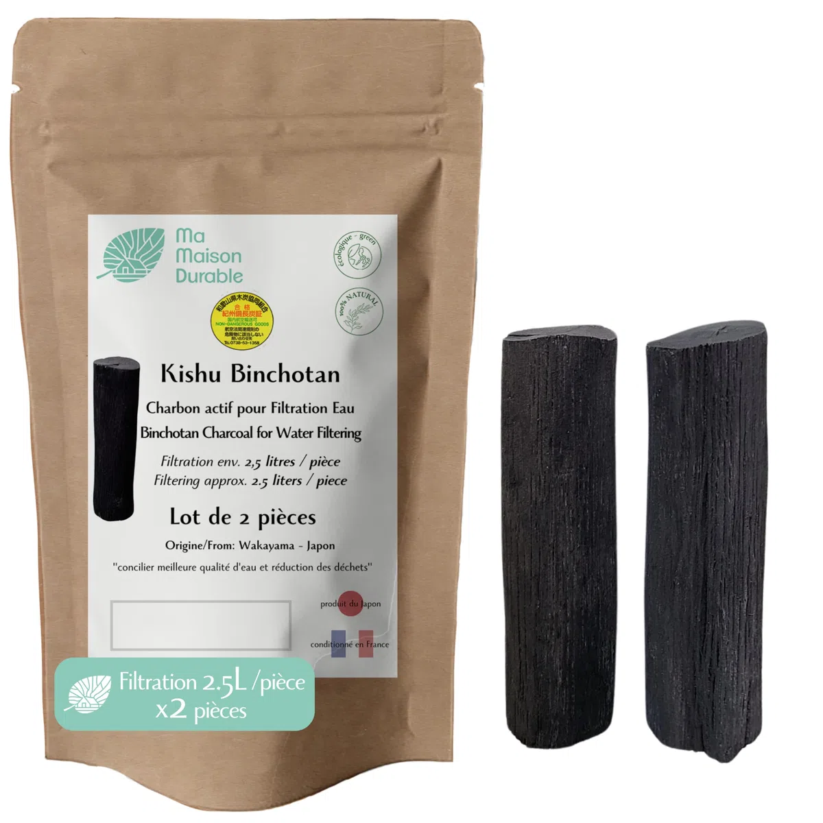 Binchotan Carbón Activo Agua X2 pcs | Filtración 2.5L/Bastón | Filtro Purificador de agua natural | Auténtico Binchotan de Kishu Bio | Carbón de Roble de Wakayama| Ideal para jarra