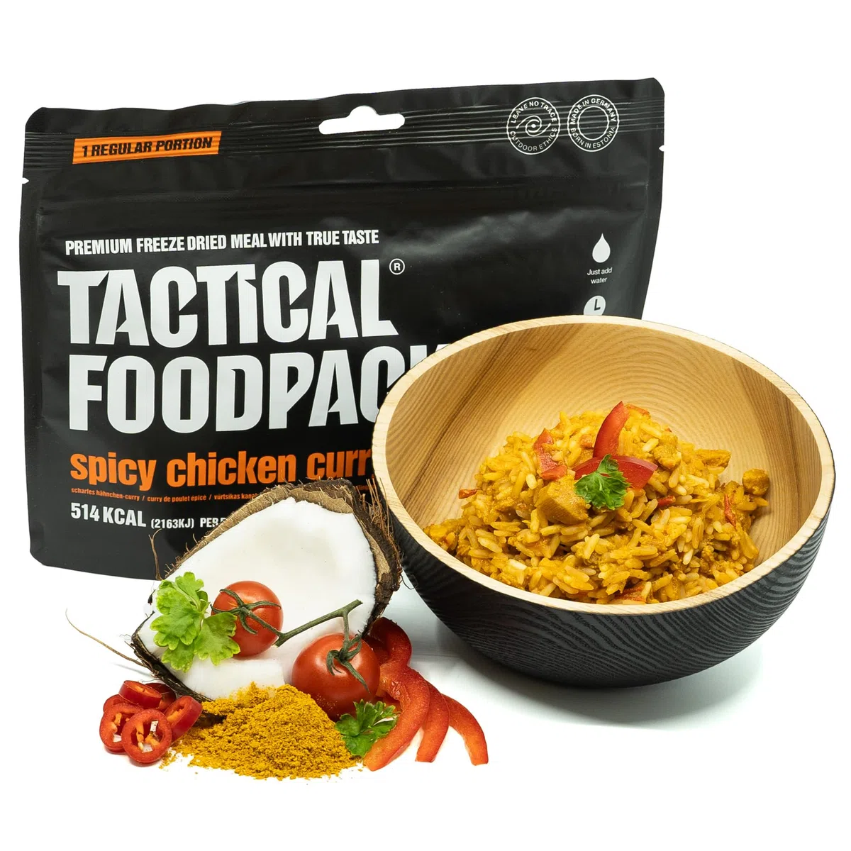 Tactical?Foodpack?Pollo?al?Curry?Picante?con?Arroz liofilizado?514?kcal?120?g?|?Lista en?5?9?min?|?Ración ligera para kits de emergencia, senderismo y outdoor
