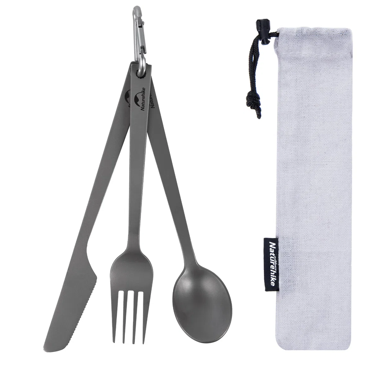 Naturehike Cubiertos de camping, Juego de Cubiertos de Titanio, 3 Piezas, Cuchillo de Cuchara de Titanio, con Mosquetón y Bolsa de Almacenamiento, Ideal para Camping al Aire Libre y Viajes