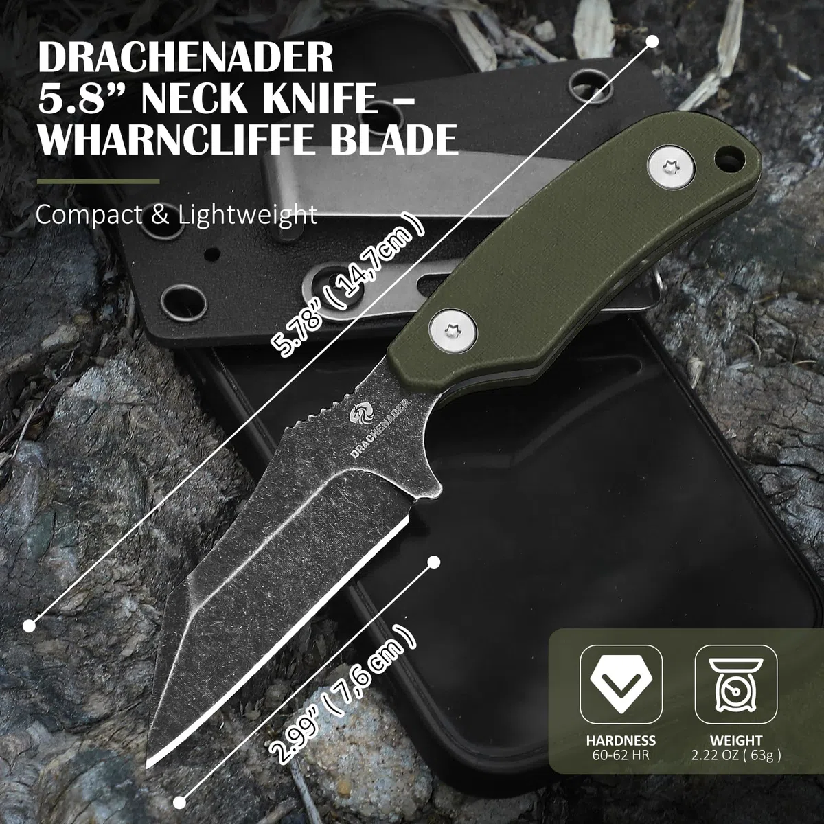 DRACHENADER Cuchillo de cuello funda Wharncliffe Small con acero D2, Full Tang Pequeño mini cuchillo de outdoor perfecto para senderismo y EDC