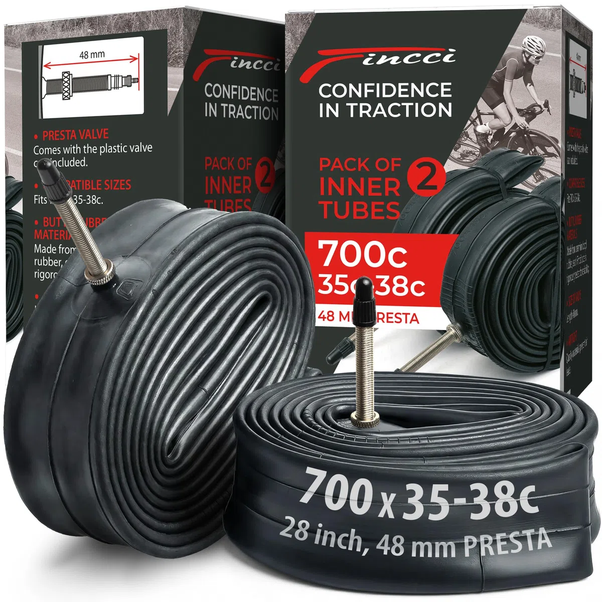 Fincci Cámara Bicicleta Carretera 700 x 35c x 38c - Par de cámaras 28, para Bici de Carreras, Turismo Plegable Eléctrica, Presta Válvula Interior 48mm, Paquete de 2 componentes para Ciclismo 622