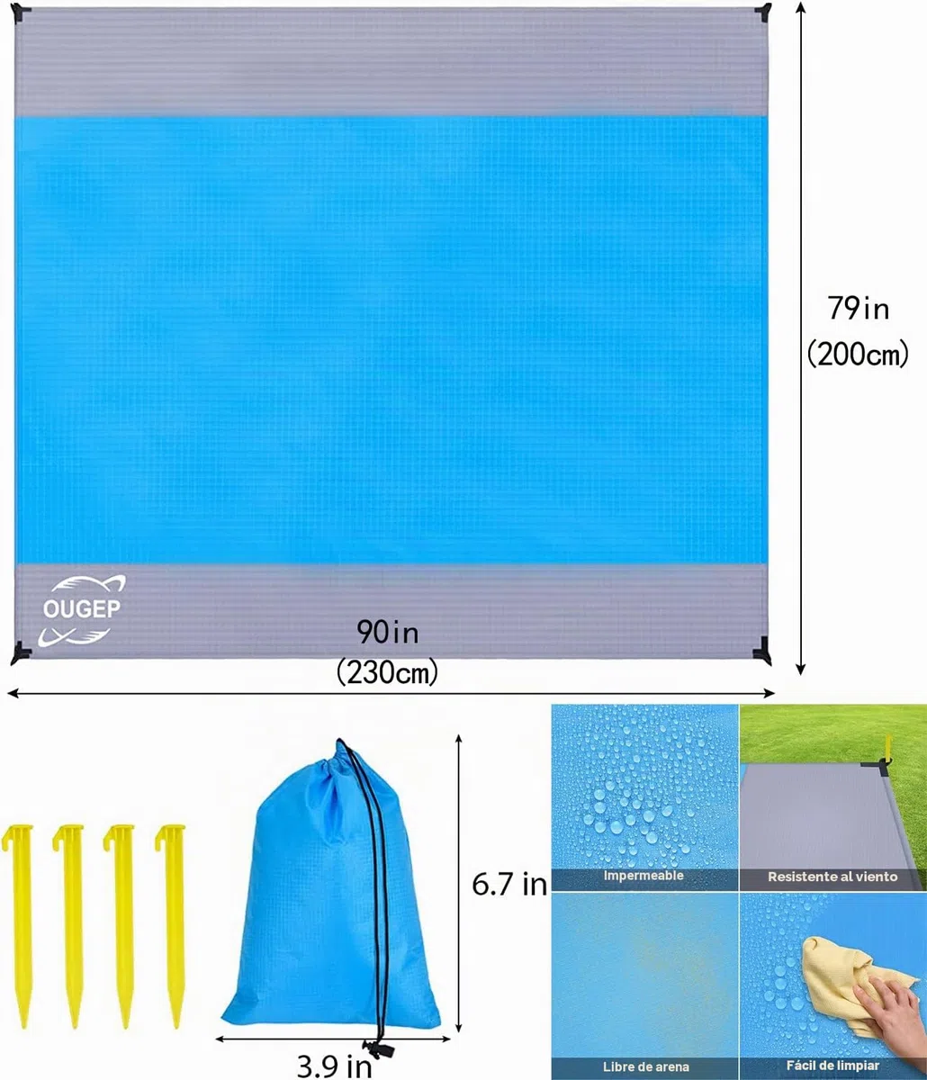 Tapete de Praia, 200 x 230 cm, Alfombra Playa, Manta Grande Anti-areia Manta de Piquenique Impermeável, para Parque, Caminhadas, Viagens ao ar Livre (Azul/Gris)