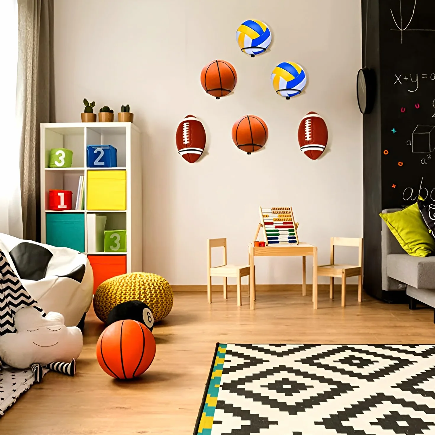 Juego de 4 soportes de pared de metal para baloncesto, soporte de baloncesto con tornillos y tobillo, almacenamiento para globos en la parte superior, soporte de pelota de baloncesto Deco
