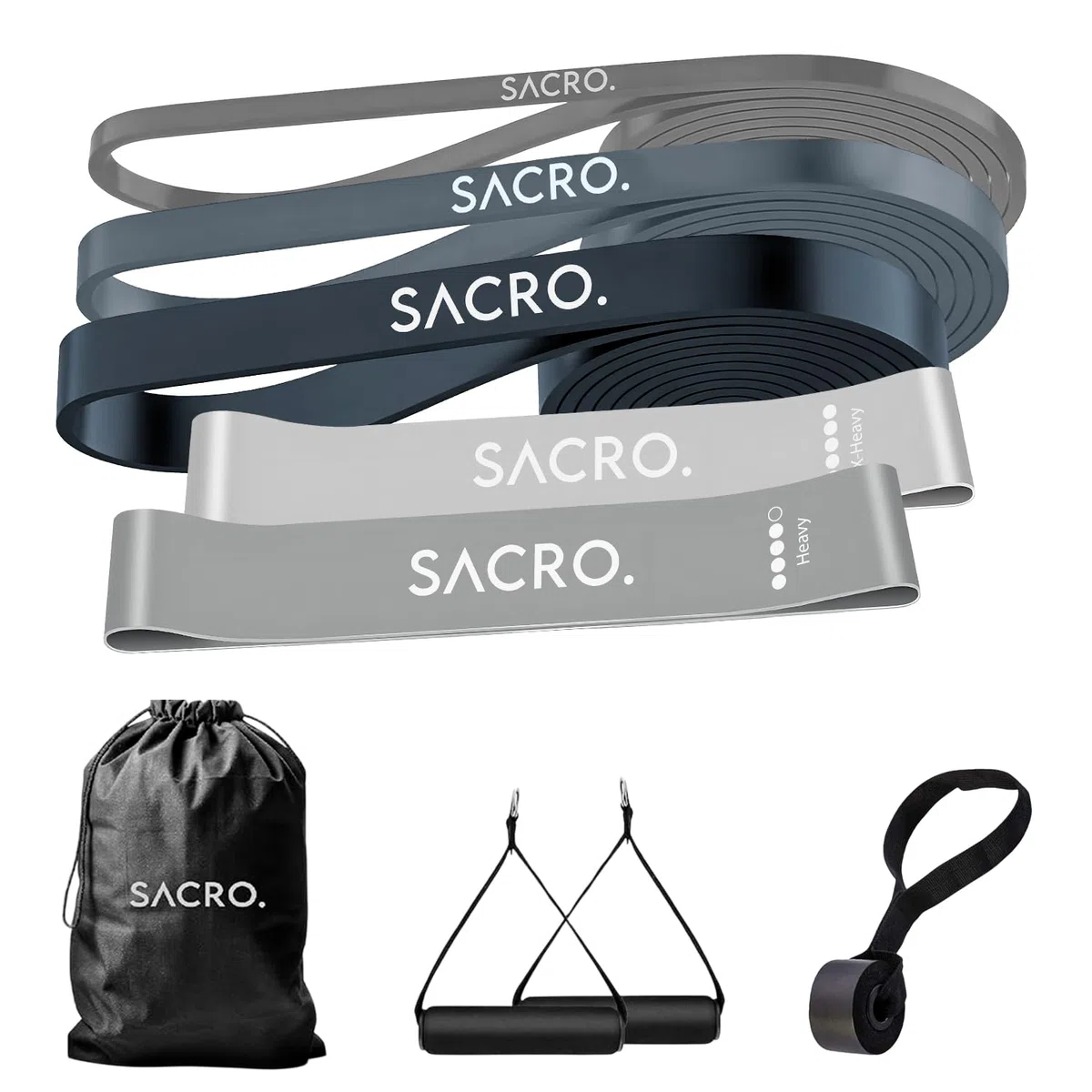 SACRO. Gomas elásticas de musculación – Set Combinado (3 para Torso + 2 para glúteos) con Asas, Anclaje y Bolsa – Entrenamiento Funcional en casa, Fuerza y Movilidad