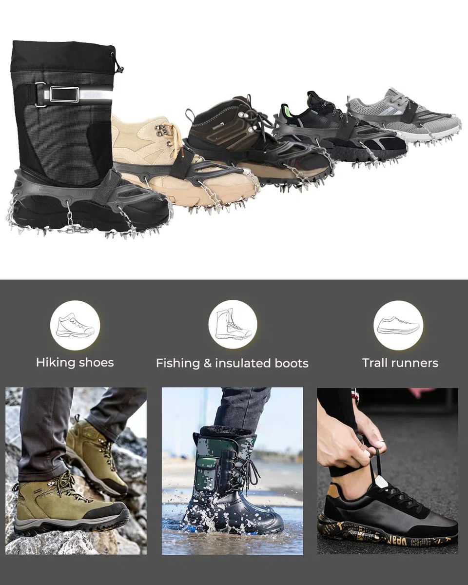 Sportneer Crampones, 19 Dientes Tacos de tracción Nieve y Hielo Tracción para Invierno Deportes Montañismo Escalada Caminar Alpinismo Cámping Acampada Senderismo (Gris, M)