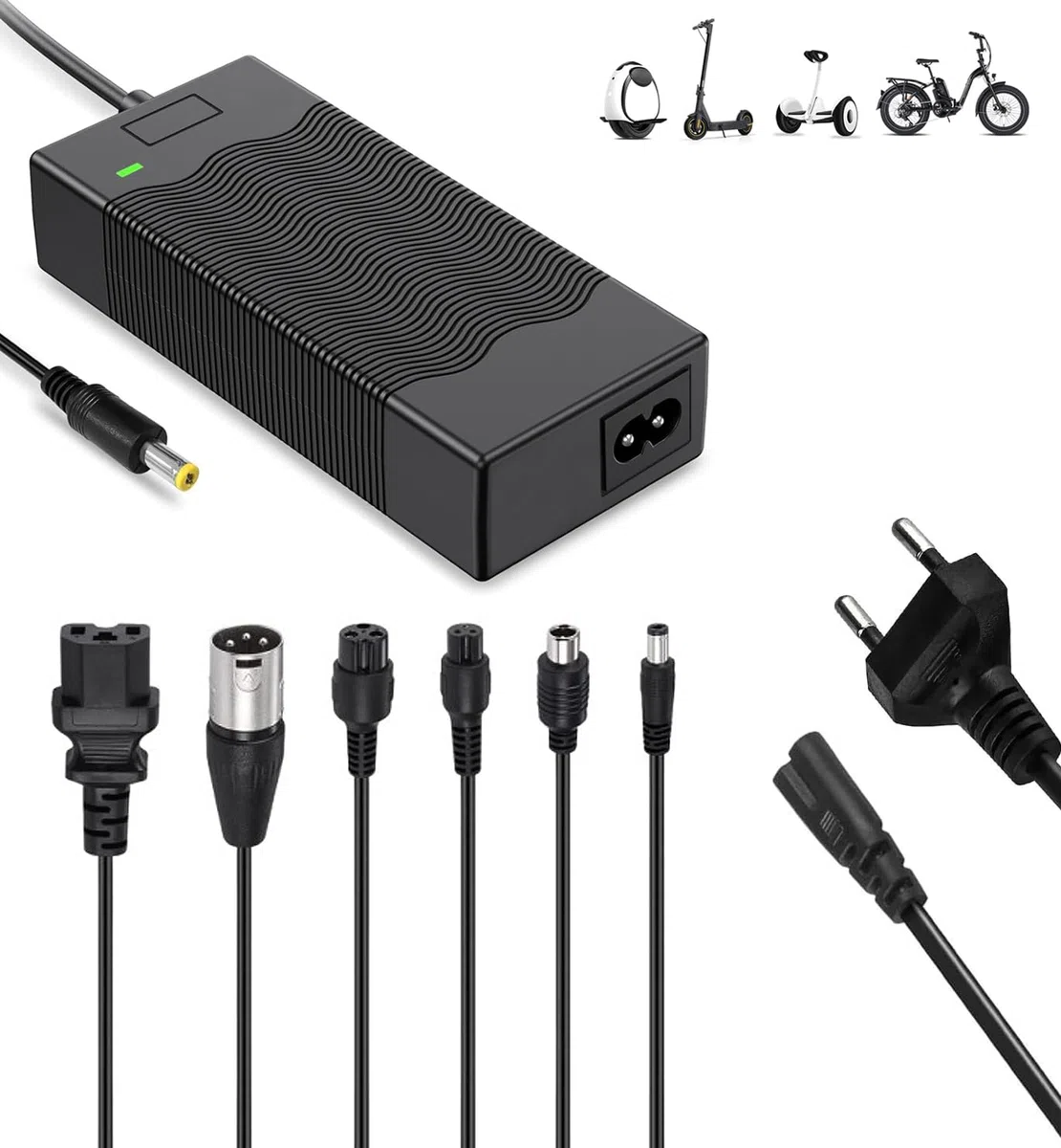 Cargador para Patinete Eléctrico 42V 2A (con 6 Conectores), Compatible con Hoverboard, Ninebot, Xiaomi, Bicicleta Eléctrica, Adaptador de Alimentación para Batería de Litio 36V