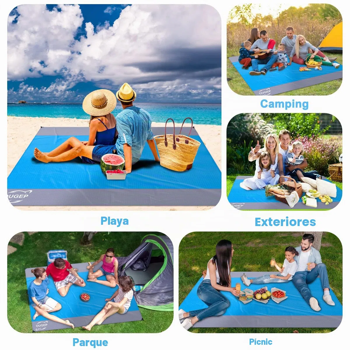 Tapete de Praia, 200 x 230 cm, Alfombra Playa, Manta Grande Anti-areia Manta de Piquenique Impermeável, para Parque, Caminhadas, Viagens ao ar Livre (Azul/Gris)