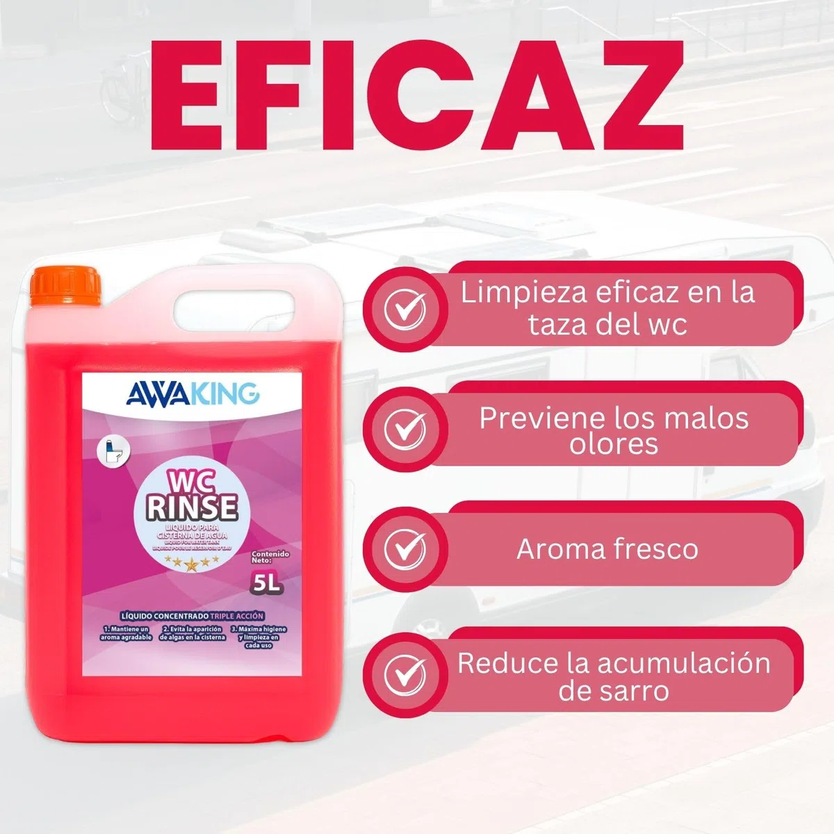 AWAKING liquido wc quimico Rinse 5L | líquido wc quimico caravana para cisterna | Limpia y desodoriza la taza con cada descarga | Aroma fresco y uso fácil (El empaque puede variar)