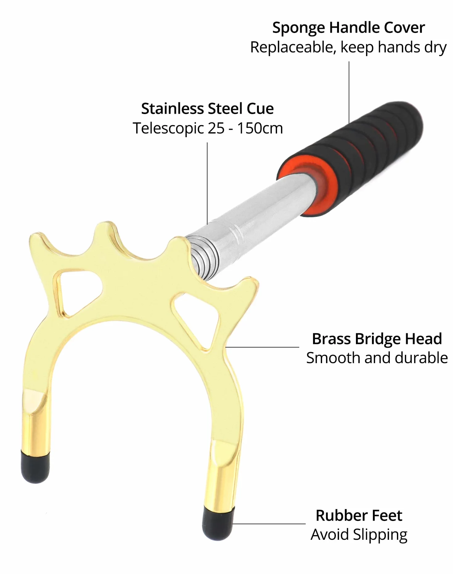 QWORK Puente para Tacos de Billar Retráctil 35~150 cm con 3 Cabezas de Latón Extraíbles