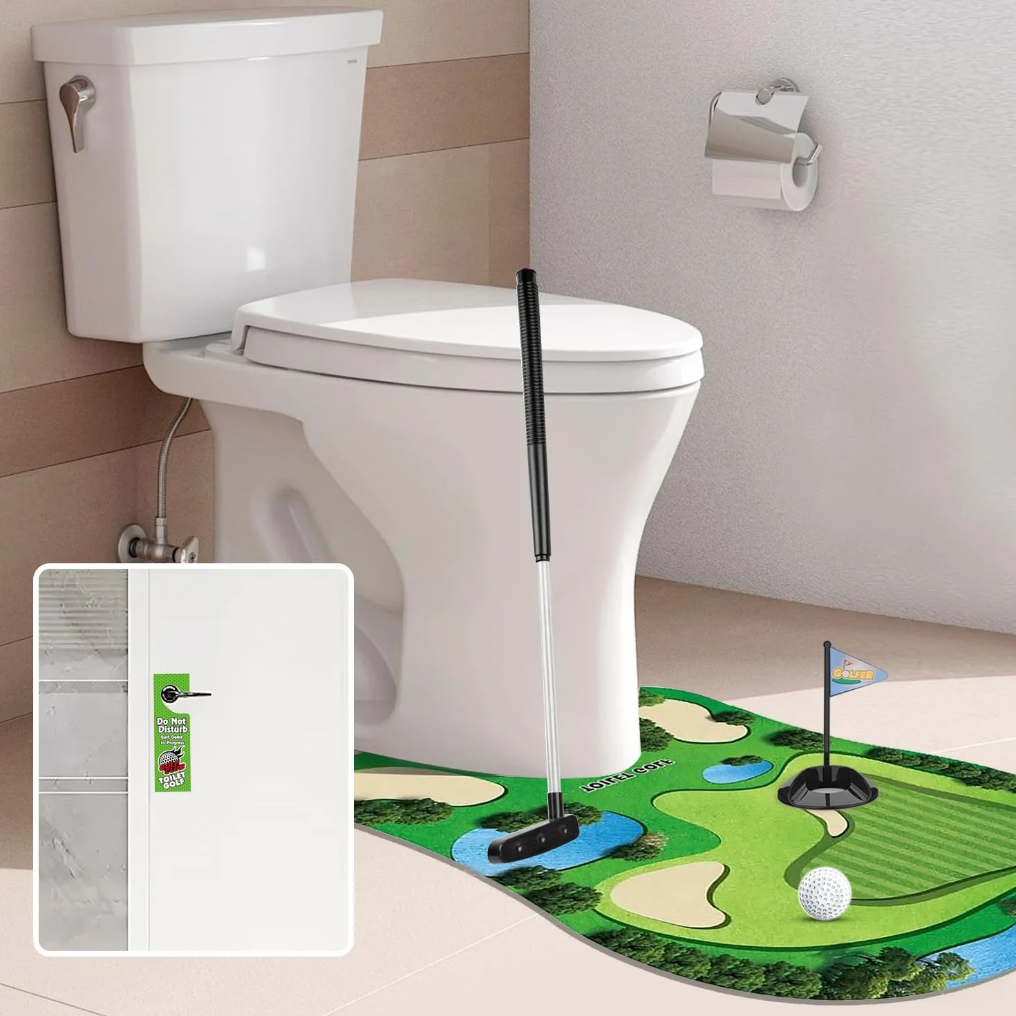 Juego de regalo de golf para inodoro, mini orinal con palo de golf escalable, alfombrilla de putting, 2 pelotas de golf y colgador de puerta, regalo divertido para baño, inodoro