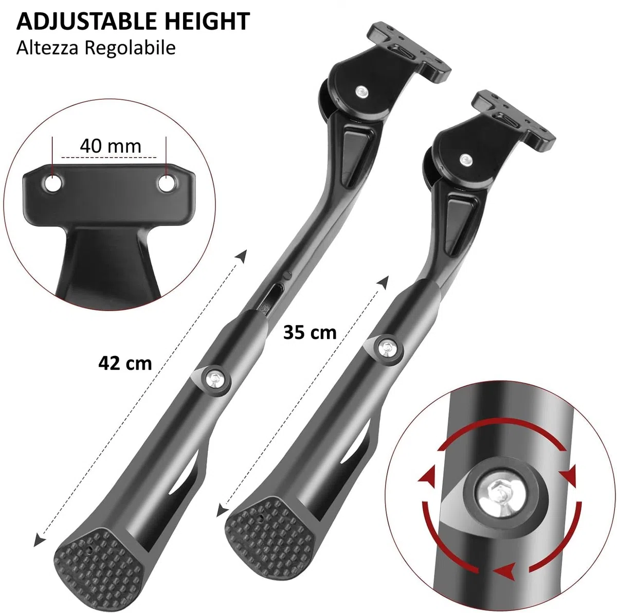 Caballete de Bicicleta Lateral de 2 Agujeros Ajustable en Altura Kickstand Soporte Trasero para Fat Bike Bici Adulto E-Bike