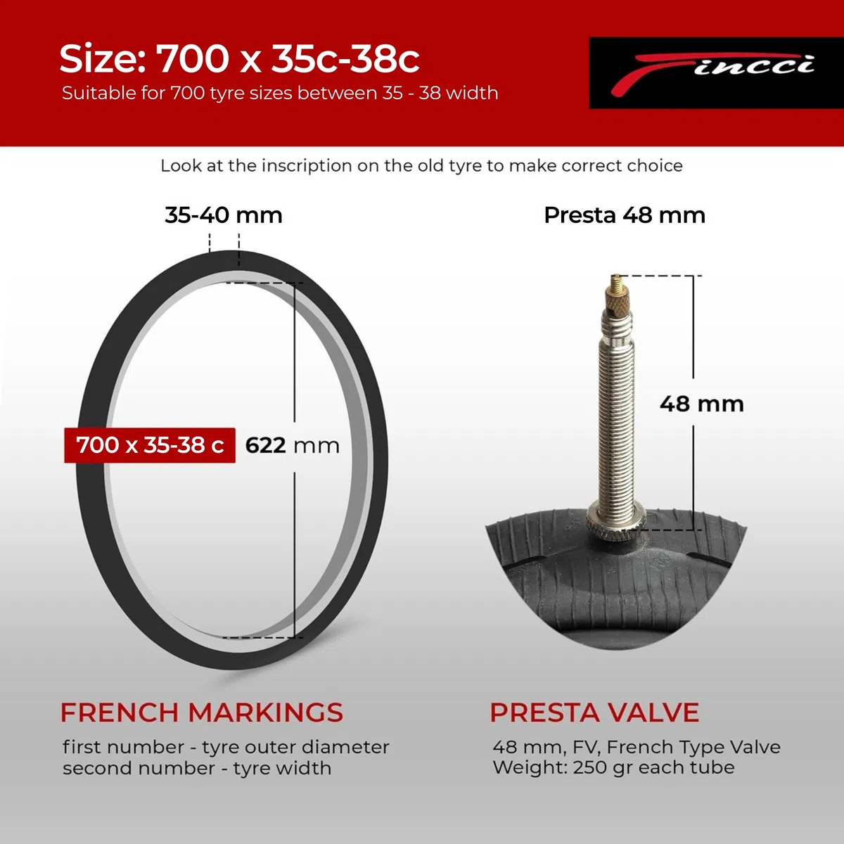 Fincci Cámara Bicicleta Carretera 700 x 35c x 38c - Par de cámaras 28, para Bici de Carreras, Turismo Plegable Eléctrica, Presta Válvula Interior 48mm, Paquete de 2 componentes para Ciclismo 622