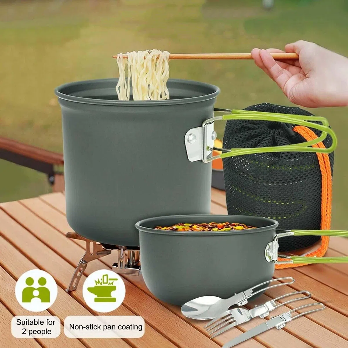 Juego de utensilios de cocina para camping para 1-2 personas, vajilla de aluminio portátil, cacerola con cubiertos plegables, cubiertos para exteriores