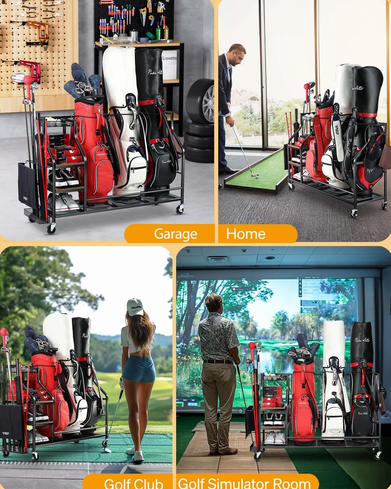 EXTCCT Organizador de almacenamiento de bolsas de golf, soporte para bolsas de golf para accesorios de equipo de golf, estante de almacenamiento de bolsas de golf con ruedas, palos de golf,