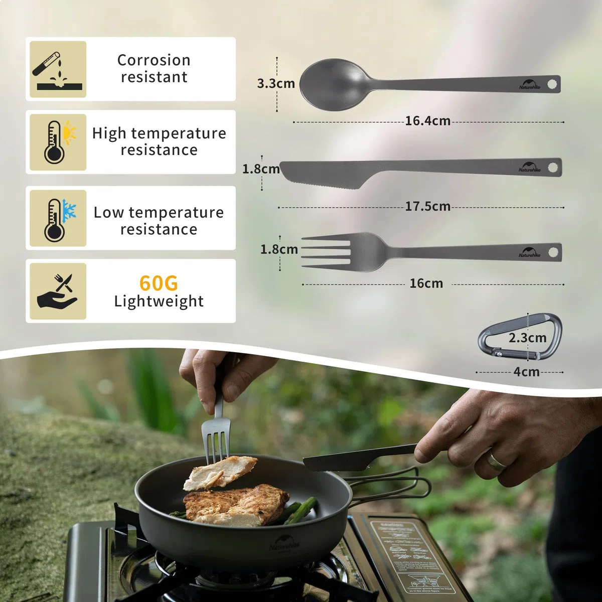 Naturehike Cubiertos de camping, Juego de Cubiertos de Titanio, 3 Piezas, Cuchillo de Cuchara de Titanio, con Mosquetón y Bolsa de Almacenamiento, Ideal para Camping al Aire Libre y Viajes