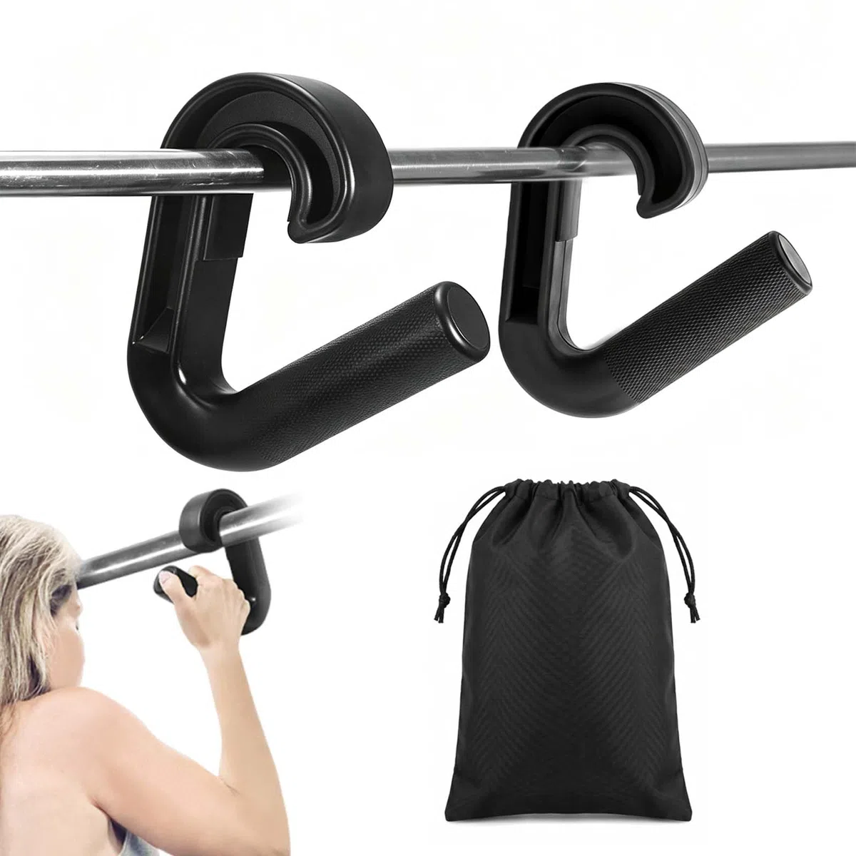2 Piezas Manijas de Barra de Dominadas,Mango de Agarre Neutro con Bolsa de Almacenamiento,Mangos de Doble D para Fitness,Mango para Barras Dominadas y Resistencia,Negro