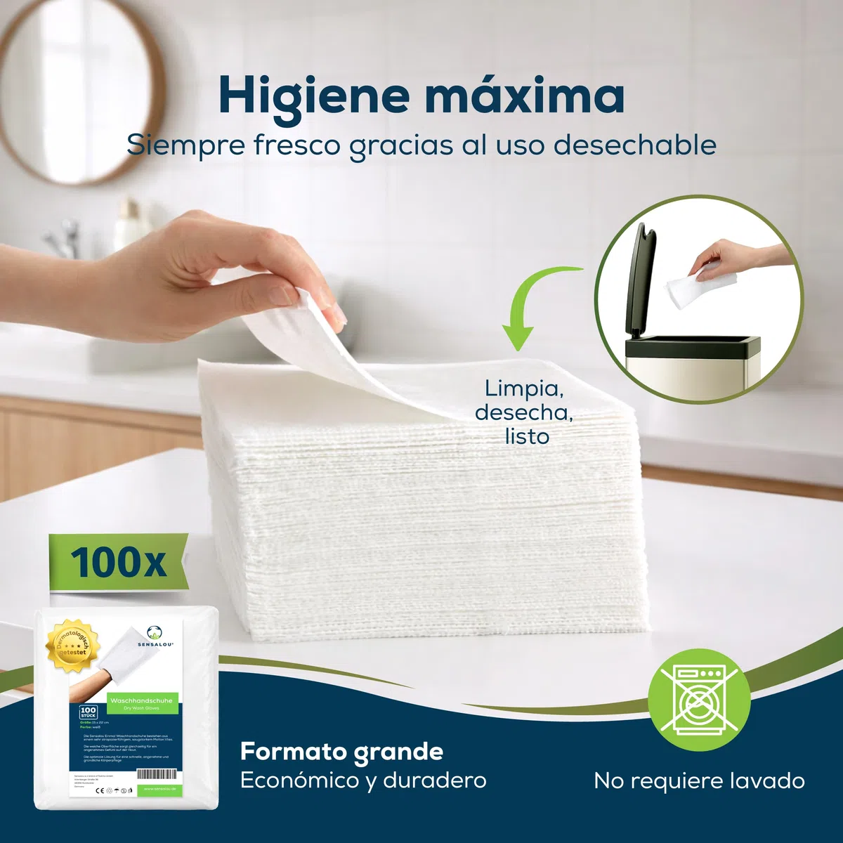 Sensalou Guantes De Lavado Desechables Impermeables 100 Unidades 12 x 22 cm Toallitas Íntimas Microfibra Tela No Tejida Suaves y Resistentes Para Adultos Bebé Niños Viaje Camping Festival Blanco