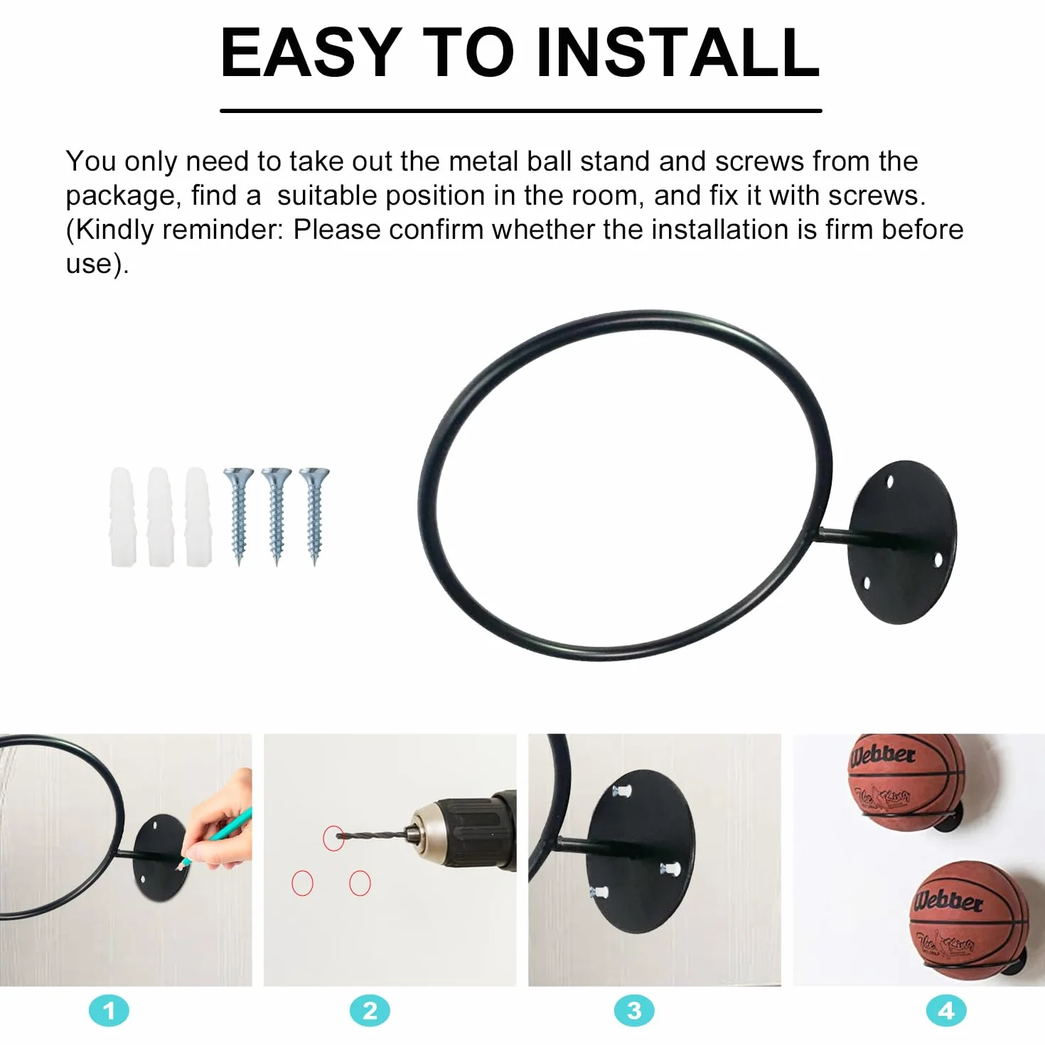 Juego de 4 soportes de pared de metal para baloncesto, soporte de baloncesto con tornillos y tobillo, almacenamiento para globos en la parte superior, soporte de pelota de baloncesto Deco