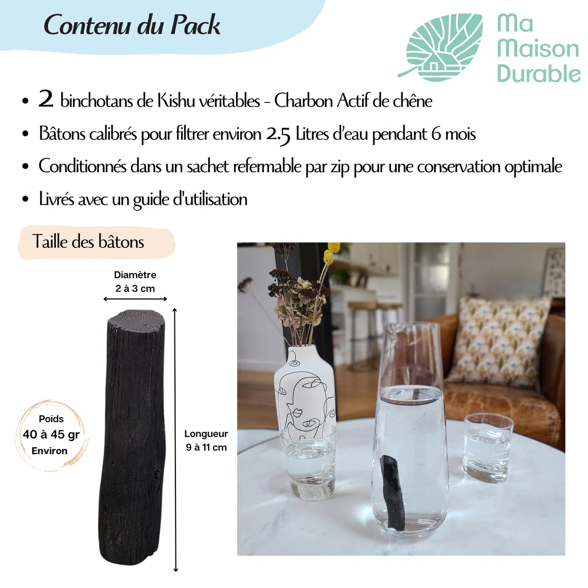 Binchotan Carbón Activo Agua X2 pcs | Filtración 2.5L/Bastón | Filtro Purificador de agua natural | Auténtico Binchotan de Kishu Bio | Carbón de Roble de Wakayama| Ideal para jarra