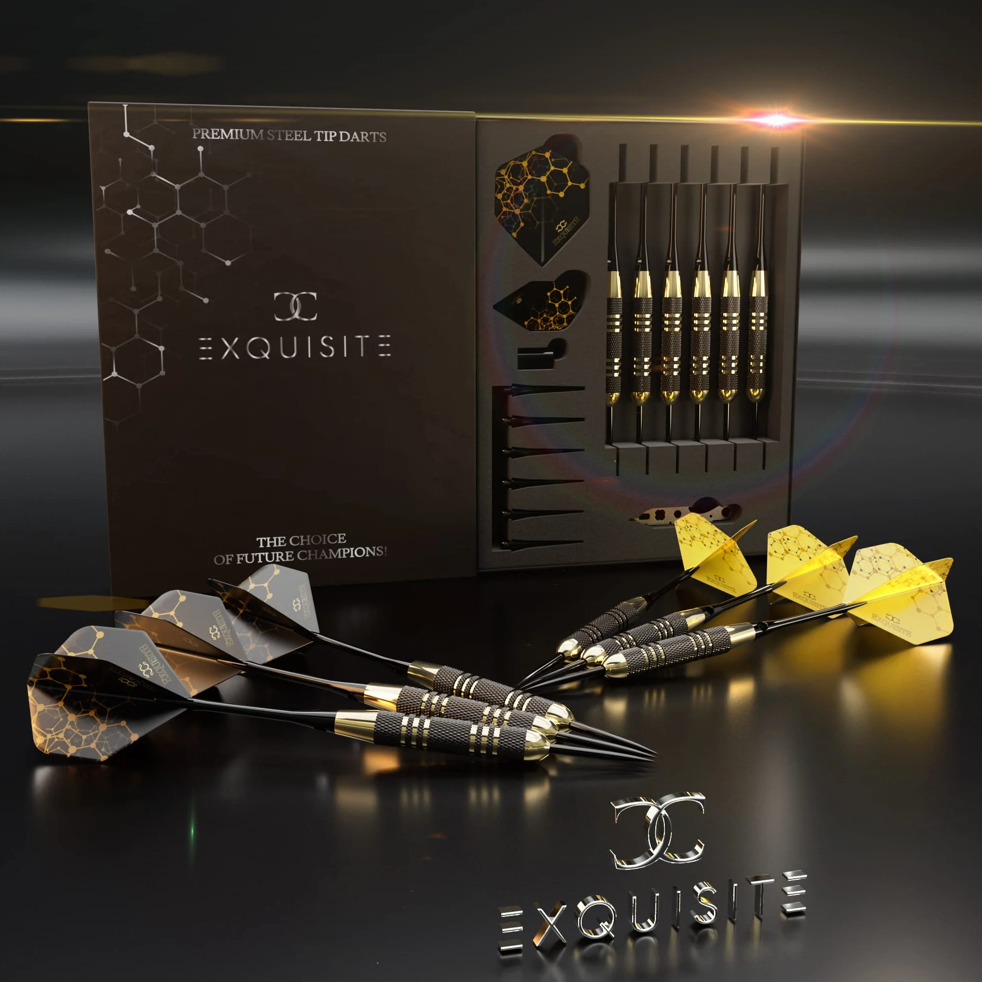 CC-Exquisite Profesional Punta de Acero Dardos Set - 6 x 22g barriles de Metal con 12 vuelos estándar/Delgadas, de Aluminio Ejes 12 35/48 mm, 12 Juntas tóricas, Herramienta de Dardos