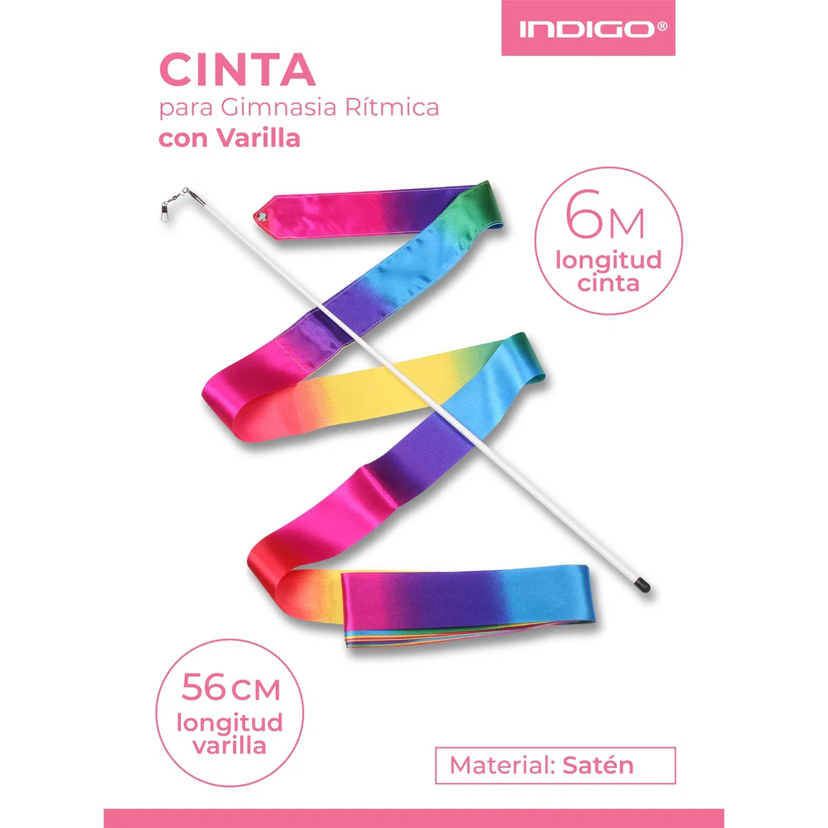 DRUNA Cinta de Gimnasia Rítmica, Cinta para Entrenamiento, Baile, Baile Artístico, Danza, con Varilla 56 cm Indigo Arco Iris