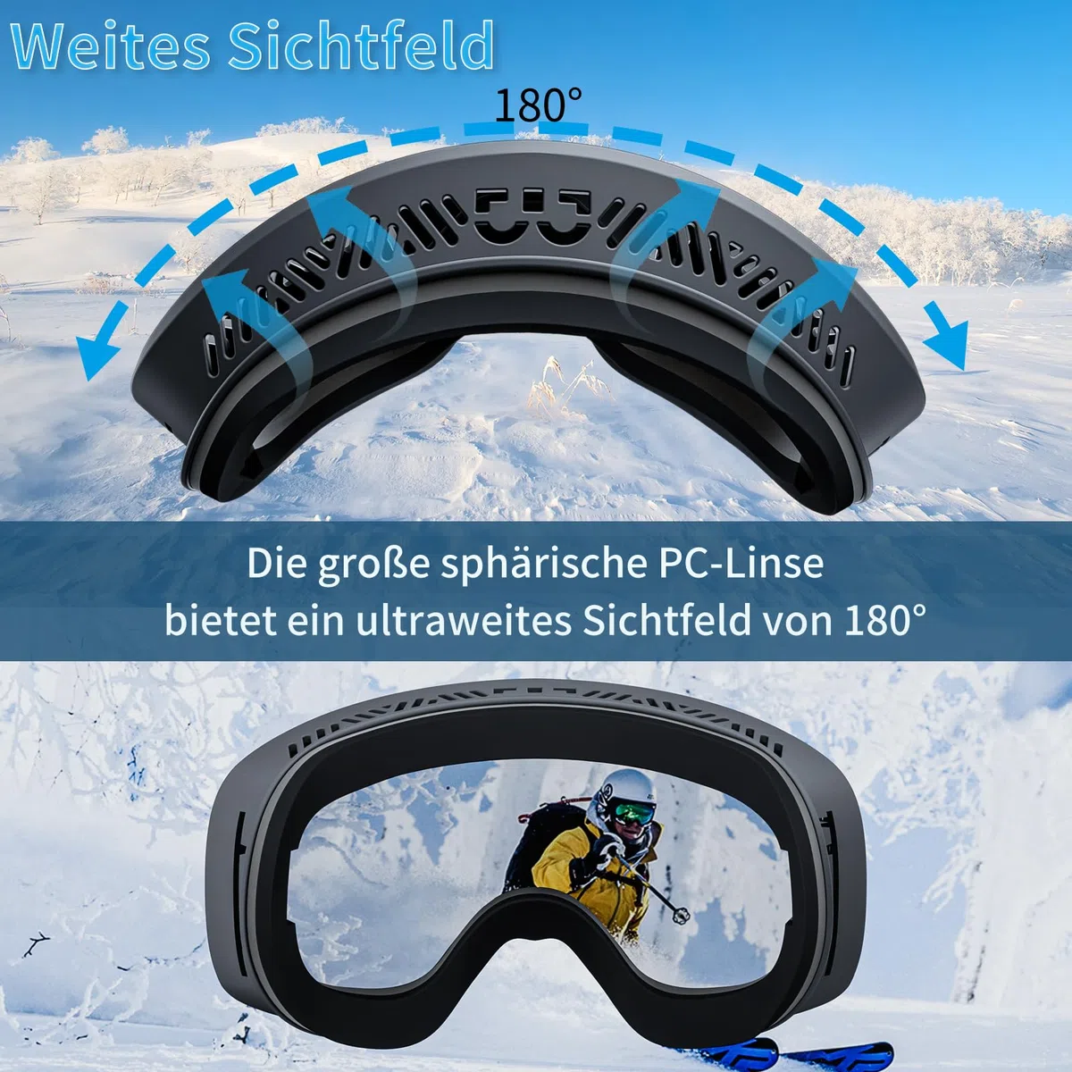 Gafas Esqui Mujer Hombre, Gafas de Esquí OTG Gafas Snowboard Compatible con Casco, Anti Niebla Protección UV Gafas Ski para Esquí, Ciclismo, Snowboard-Azul Claro