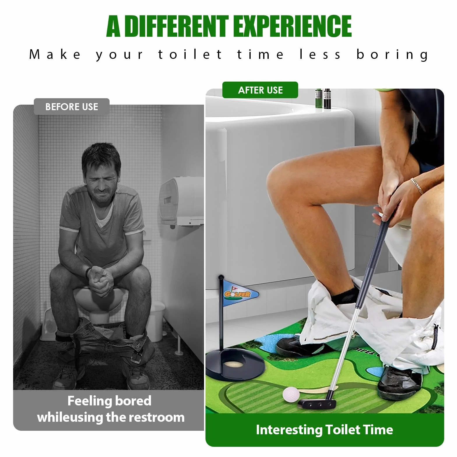 Juego de regalo de golf para inodoro, mini orinal con palo de golf escalable, alfombrilla de putting, 2 pelotas de golf y colgador de puerta, regalo divertido para baño, inodoro