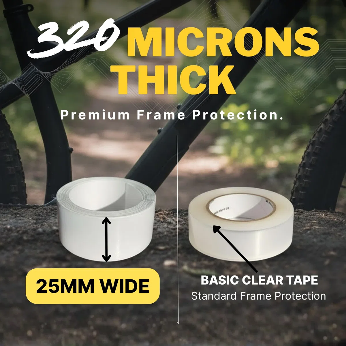 Cinta de protección de marco de bicicleta de 25 mm – Cinta de helicóptero autoadhesiva – Brillo transparente – Diseñado y fabricado específicamente para proteger tu bicicleta de astillas, arañazos y daños de grava