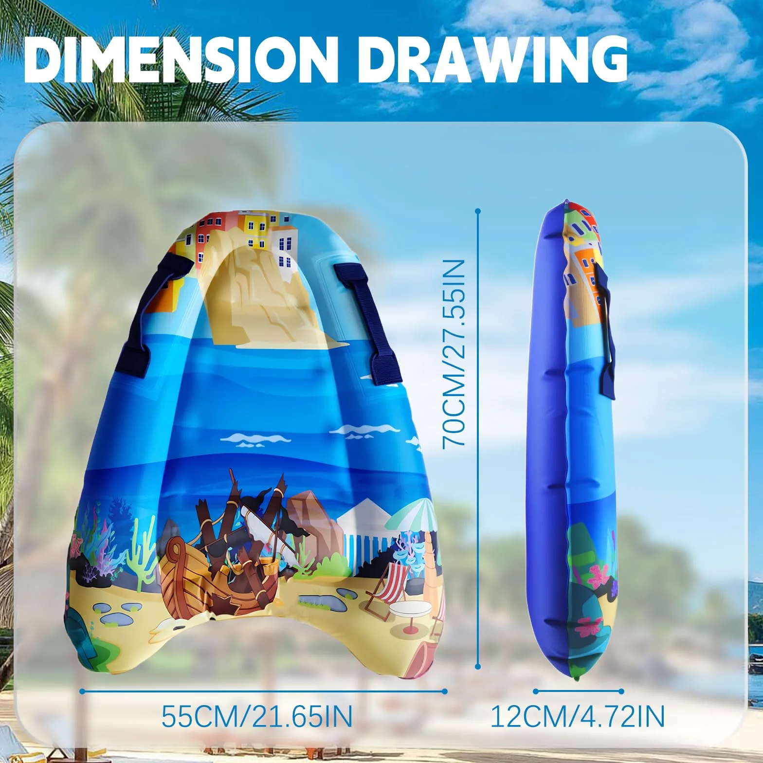 Bodyboard Inflable, con Asas, Niños Bodyboard Inflable, Portátil Hinchable Tabla de Surf, Flotante Tabla Surf, Hinchable Tabla Bodyboard, Inflable Tabla de Natación para Niños, 77*55*12cm