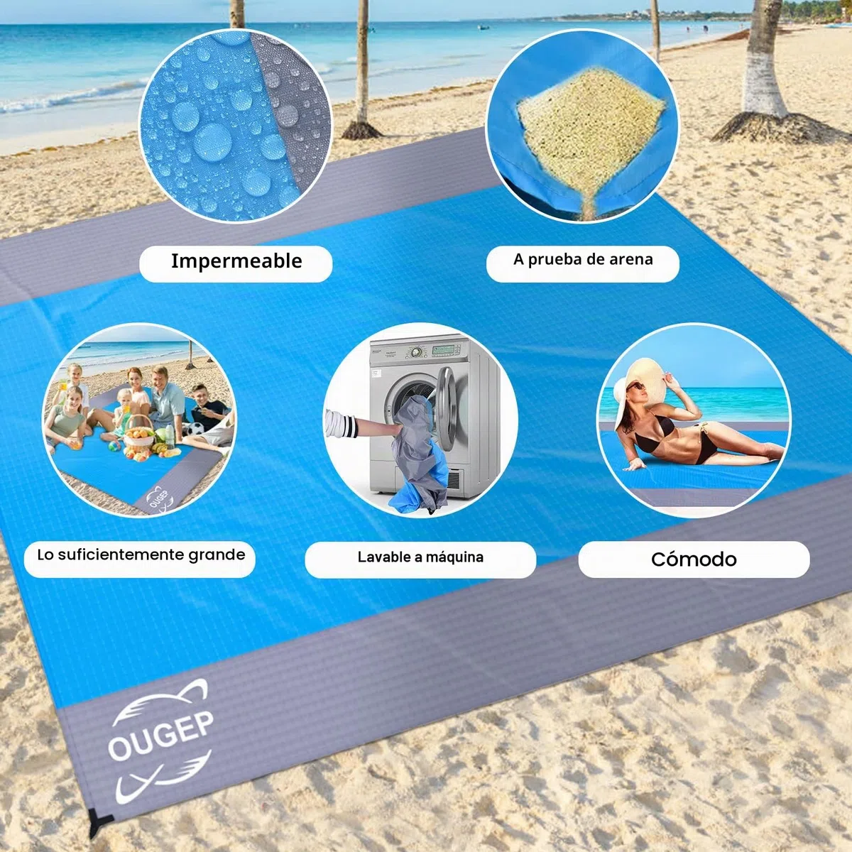 Tapete de Praia, 200 x 230 cm, Alfombra Playa, Manta Grande Anti-areia Manta de Piquenique Impermeável, para Parque, Caminhadas, Viagens ao ar Livre (Azul/Gris)