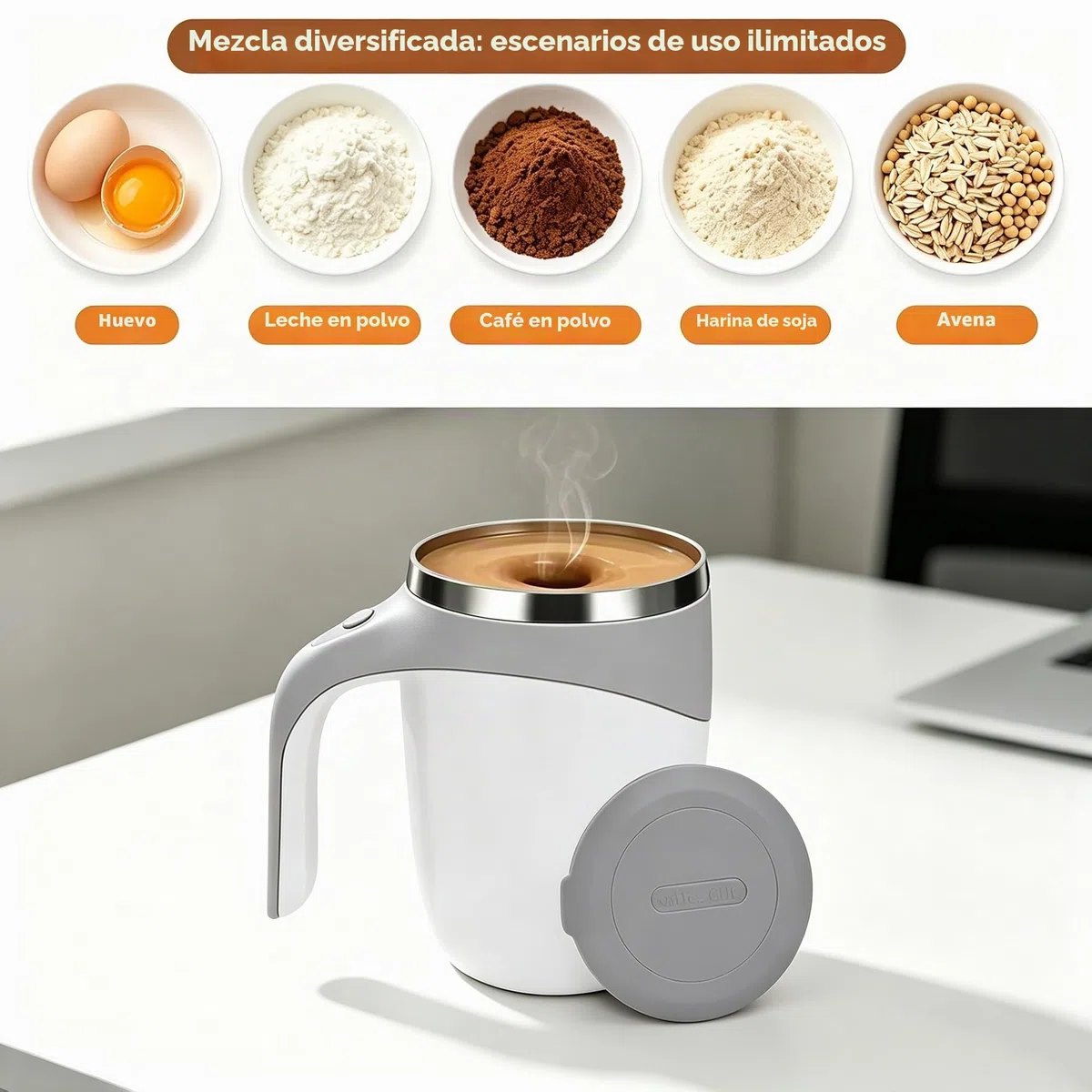 Zerodis Taza de café Agitadora Magnética Eléctrica, Taza Mezcladora de Acero Inoxidable, Taza de Viaje, Taza Mezcladora Automática para café, Leche, Cacao, 380ML (Blanco)