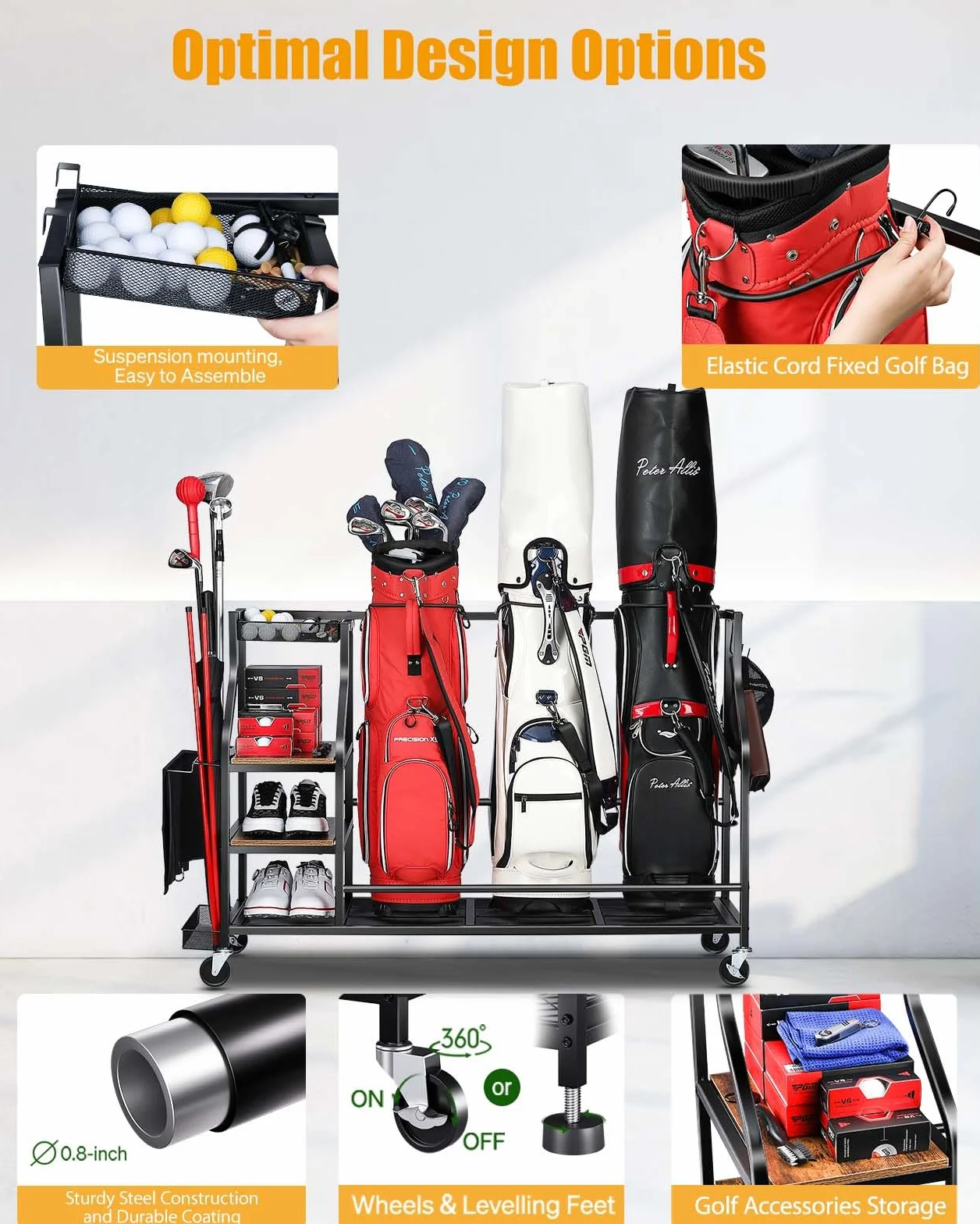 EXTCCT Organizador de almacenamiento de bolsas de golf, soporte para bolsas de golf para accesorios de equipo de golf, estante de almacenamiento de bolsas de golf con ruedas, palos de golf,