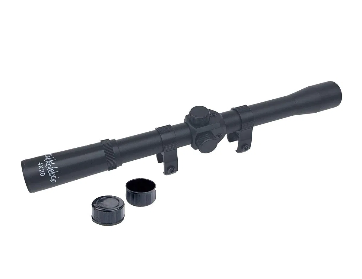 Visor Outletdelocio. Mira telescópica 4x20. Para carabinas de aire comprimido. Monturas para carril de 11mm incluidas. Especial para tiro deportivo