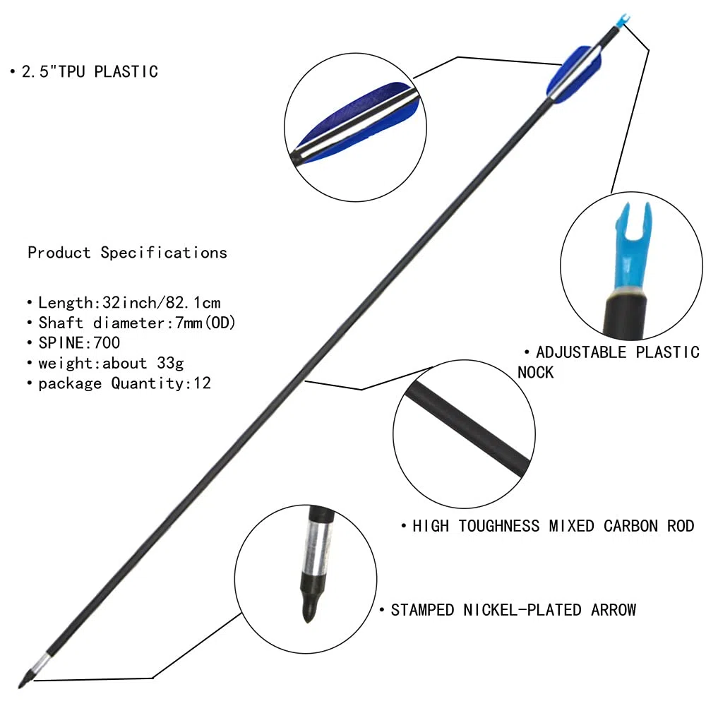 6/12 Piezas 32" Flechas de Carbono de Tiro con Arco Flecha de Objetivo de Caza Spine 700 con Pluma de Pavo Real de 3" para Arco Recurvo Compuesto
