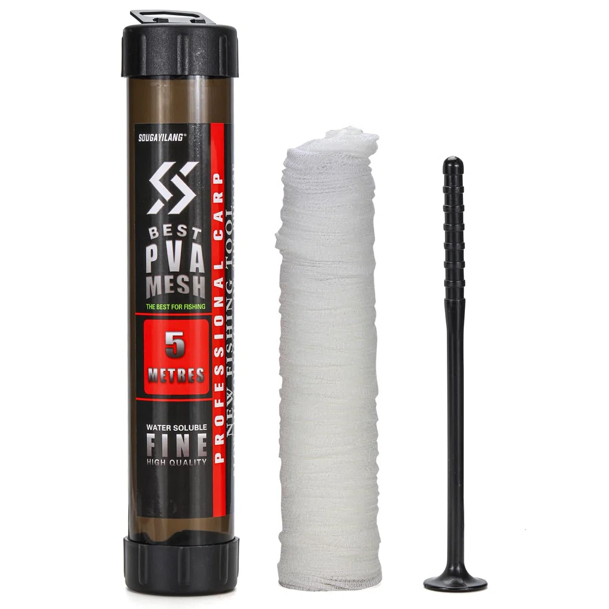 Sougayilang Bolsas de malla Pva de 5 m, 18 mm, 25 mm, 37 mm, 44 mm de ancho, accesorios de pesca de carpa con embudo y sistema de émbolo, recambio de pesca de fusión rápida para carpa, cebo, aparejo