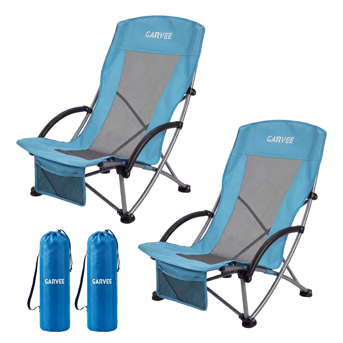 Garvee Silla de Playa Plegable Ligera – Respaldo de Malla Transpirable y Reposabrazos Acolchados – Estructura de Acero 150 kg – Portavasos y Bolsa para Móvil – Ideal para Camping, Jardín (2pcs)