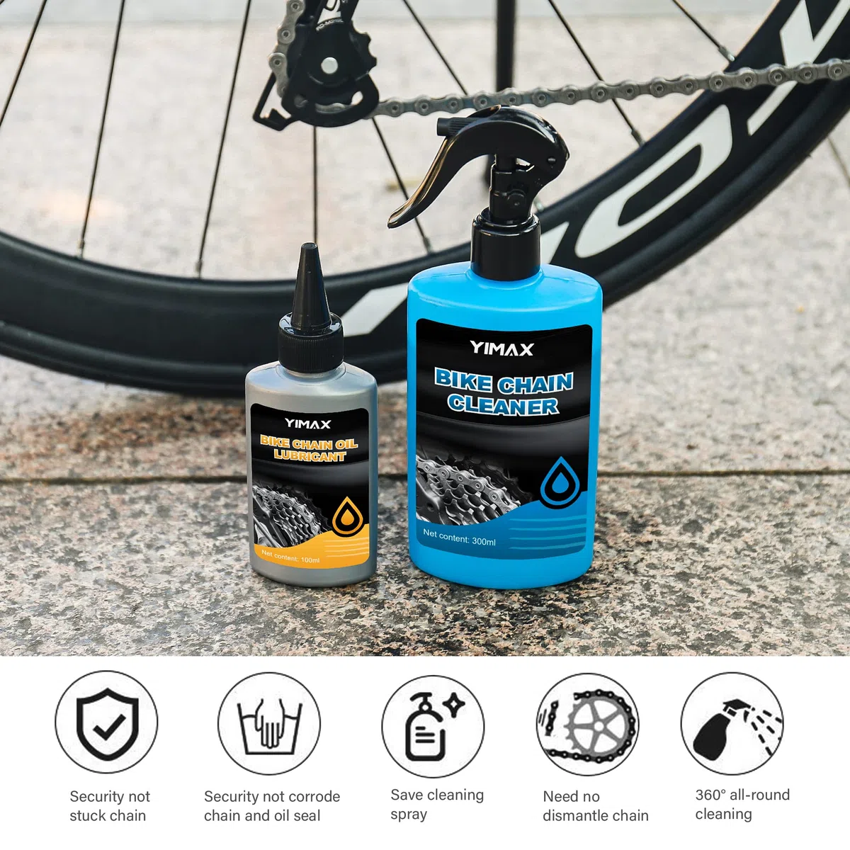 Limpiador para bicicletas, kit de limpieza para cadenas de bicicleta 6 en 1, spray limpiador 300 ml, lubricante para cadenas de 100 ml y cepillos, adecuado para todo tipo de bicicletas.