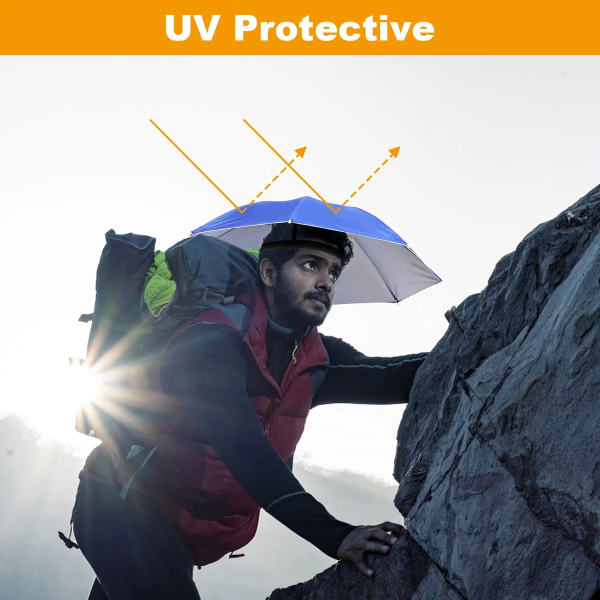 Sombrero de paraguas, 65 cm Protector solar a prueba de viento Manos libres Cabeza Paraguas Gorra Paraguas montado en la cabeza Sombrero plegable superior Paraguas para adultos y niños [Azul]
