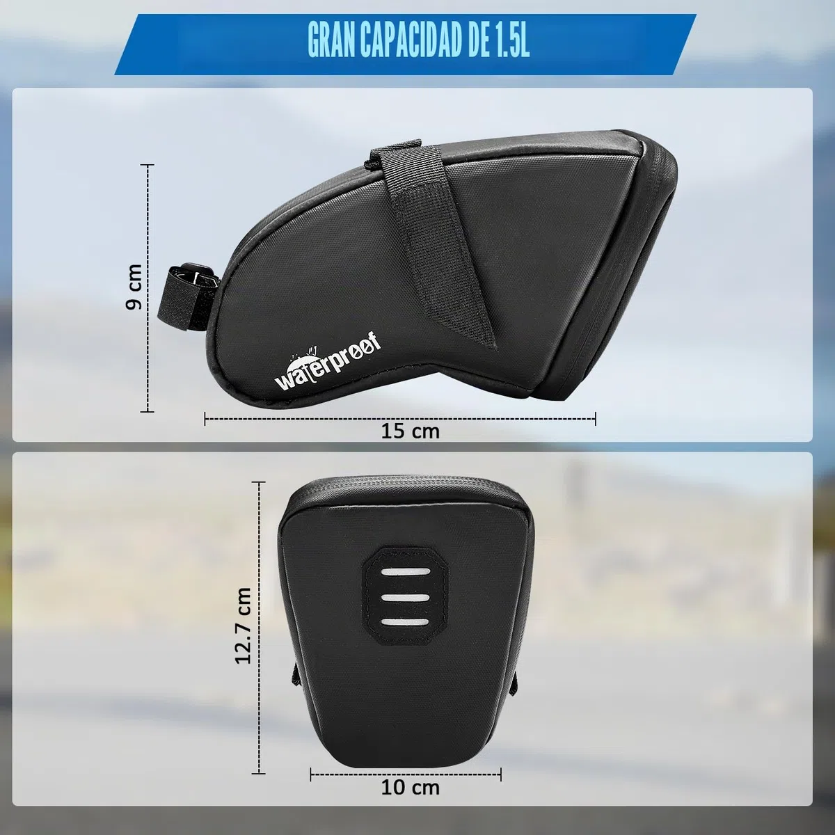 WOTOW Bolsa de sillín para Bicicleta de 1,5 l, Compartimento Impermeable con Banda Reflectante, Accesorios para Bicicleta, Resistente a los desgarros, se coloca Debajo del sillín
