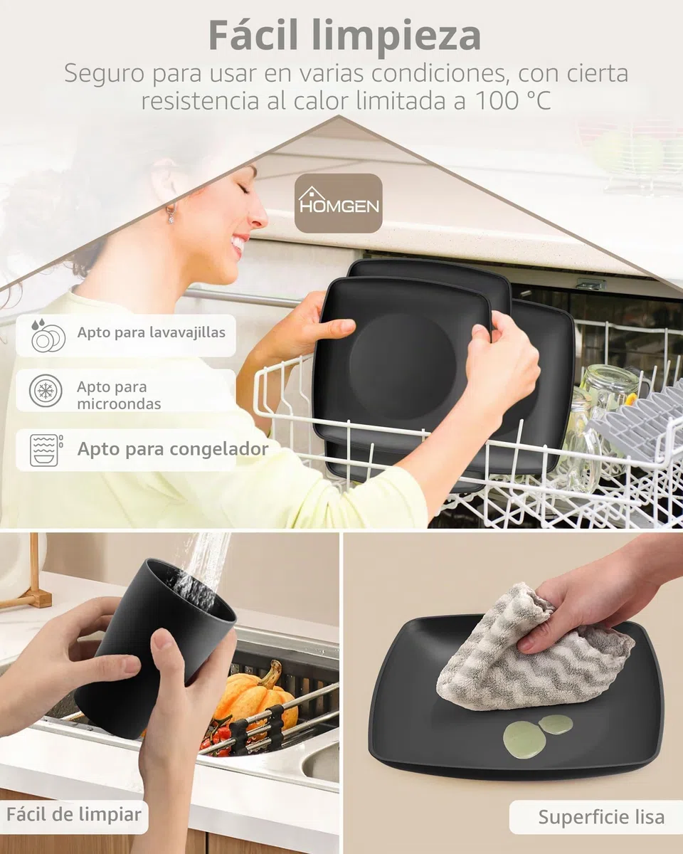 HOMGEN Juego de Platos y Tazones de Plástico de 12 Piezas- Juego de Vajilla Irrompible para Camping 4 Personas - Platos de Cocina Reutilizables, Juego de Cena Apto para Microondas y Lavavajillas