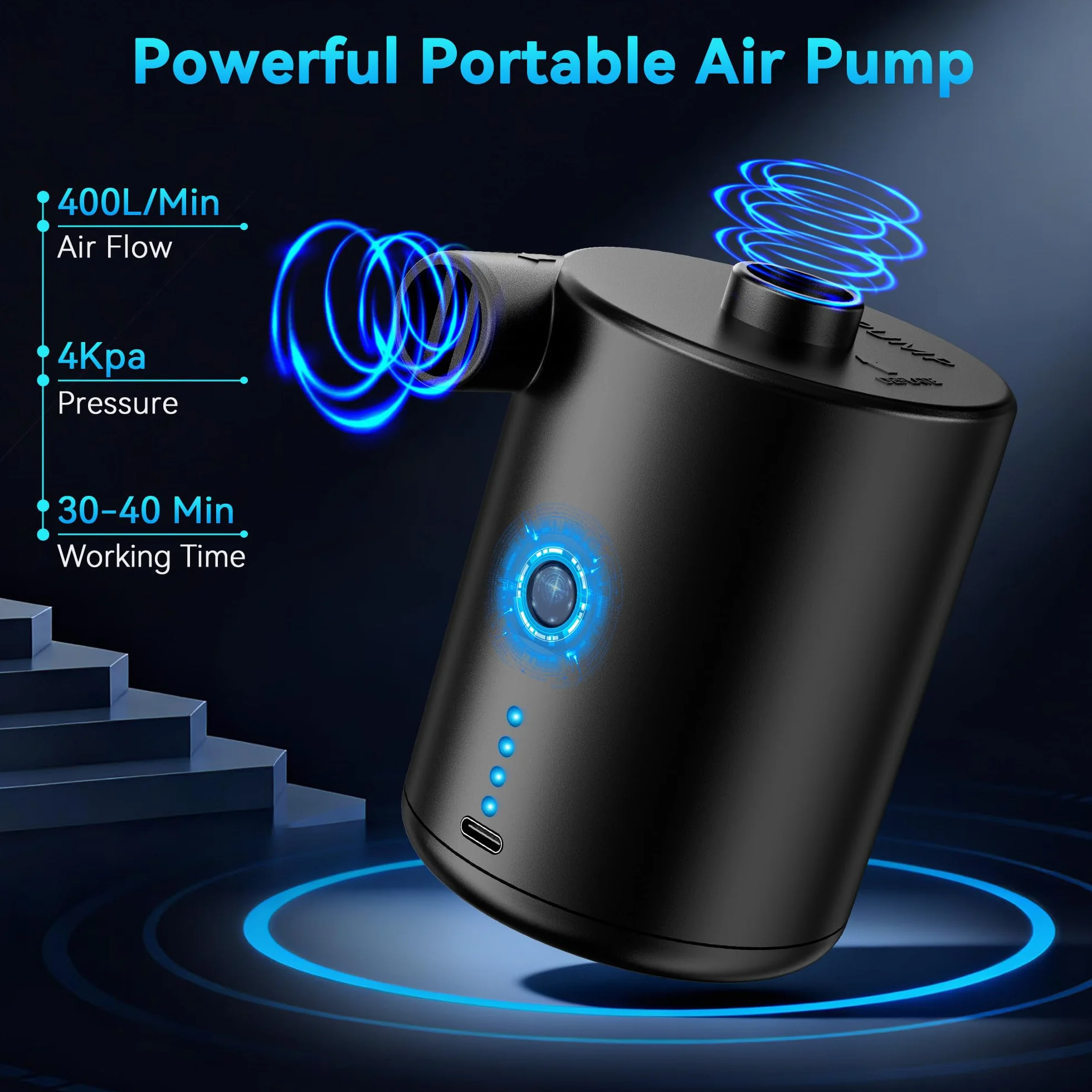 Bomba de Aire eléctrica,Inflador Colchon Hinchable,4000mAh Mini Bomba de vacío portátil con 3 Boquillas,Inflado/Desinflado Rápido, Bomba de Aire Portatil para Piscinas y Colchones de Cama