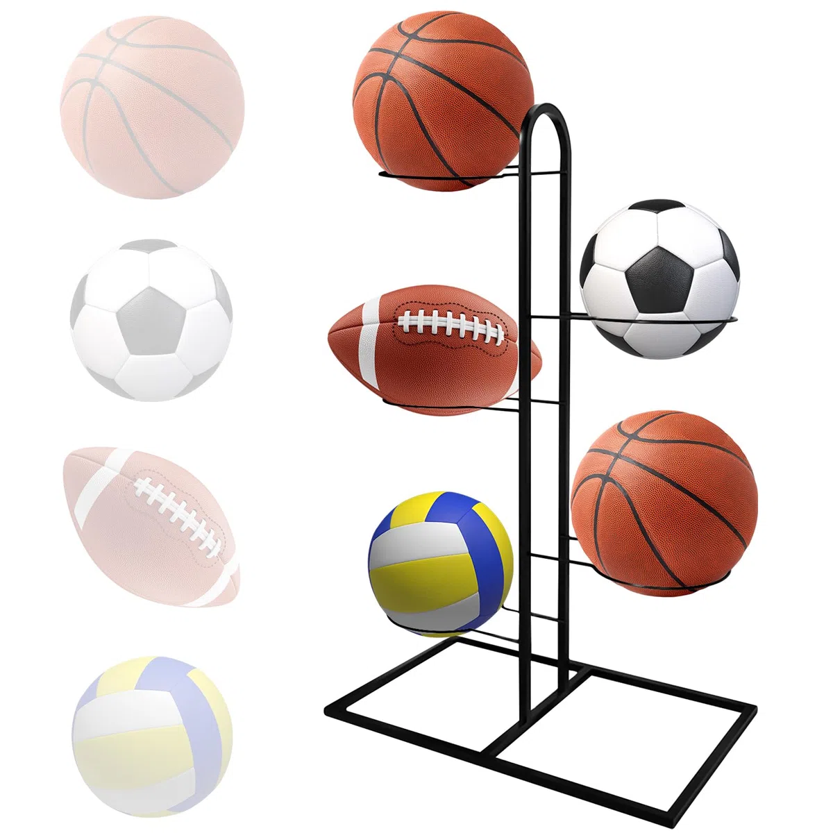 Soporte de bolas de 5 niveles: estante vertical para pelota de fútbol, estante de almacenamiento para bolas, cesta de baloncesto, color negro