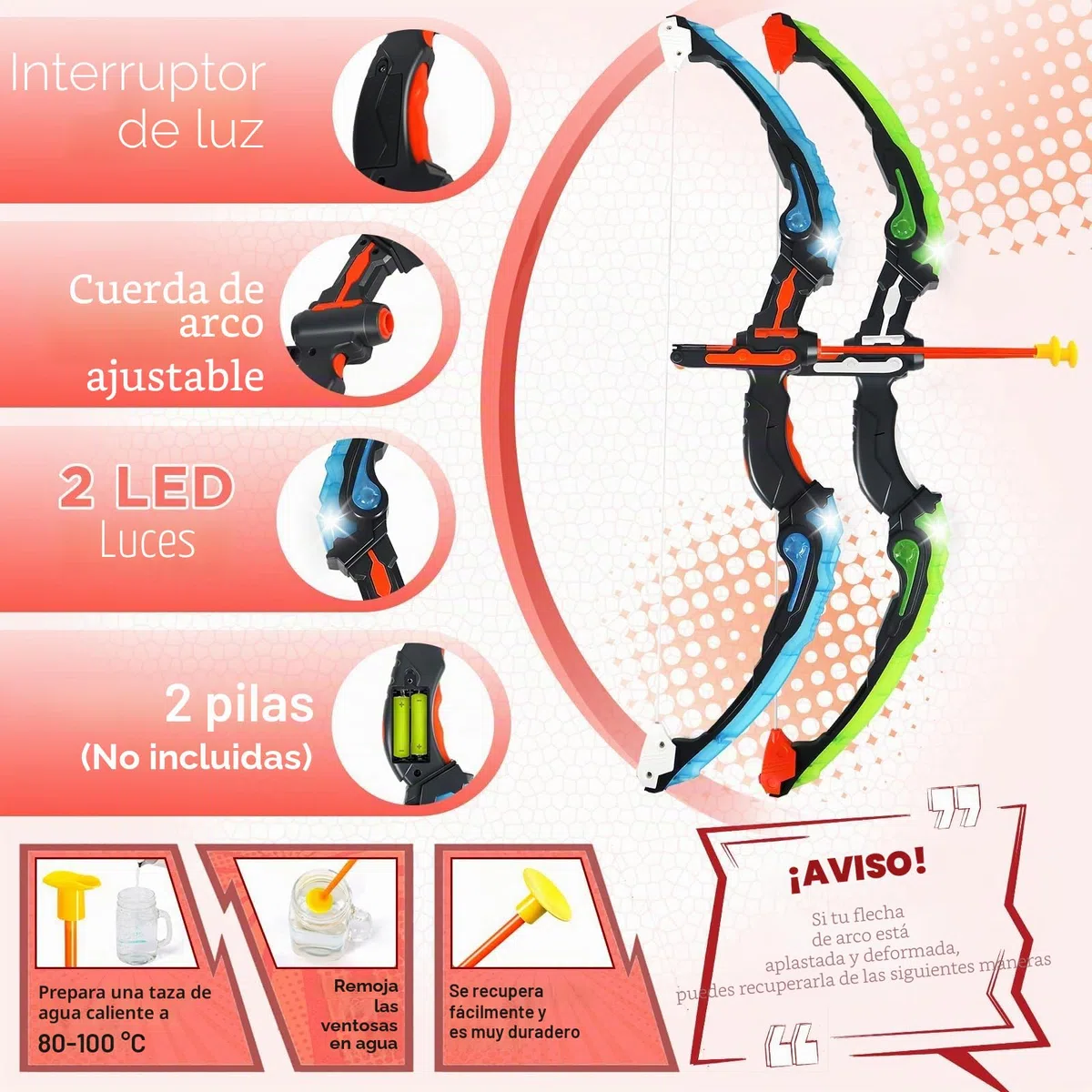 Arco y Flechas para Niños con Luces LED, Juego de Tiro con Arco con 2 Arcos, 1 Diana de Pie, 2 Pistolas de Flechas de Espuma, 20 Flechas y 2 Carcajs, Juguetes Regalos para 4-12 Niños Niñas