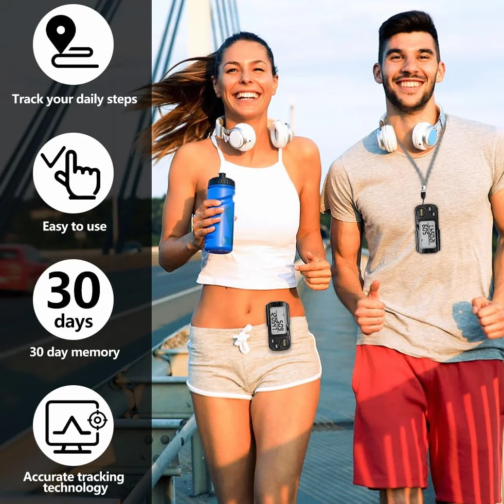 Podómetro, Contador de Pasos Preciso con Clip y Correa Mini Podómetro Electrónico Portátil 30 Días de Memoria sin Bluetooth, sin Aplicaciones para Caminar, Seguimiento de Pasos Millas/km, Negro