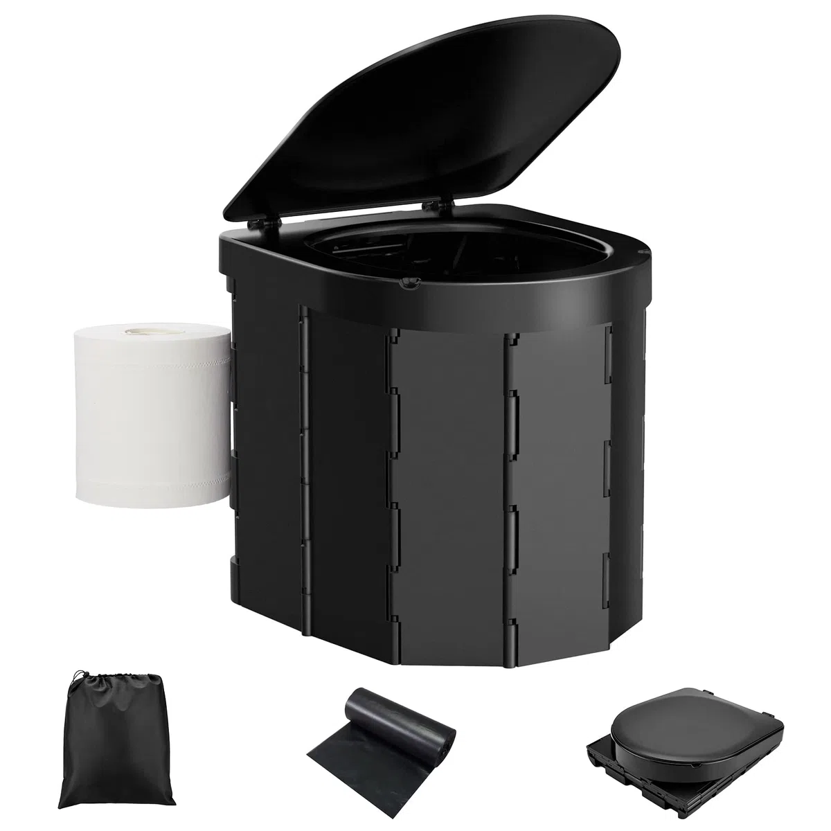 WADEO Inodoro Portátil para Camping, Capacidad de Carga hasta 200kg, Inodoro Plegable con Portarrollos de Papel y Bandeja para Teléfono, Ideal para Acampar, Senderismo, Viajar, Pescar