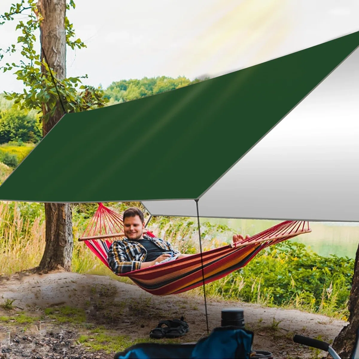 Toldo de Refugio Camping 3x3M, Tienda de Campaña Tarp Impermeable con 6 Cuerdas + 6 Clavos de Tierra + 2 Bolsa de Guarda, Lona Toldo Camping para Vivac, Picnic, Playa, Hamaca, Furgoneta